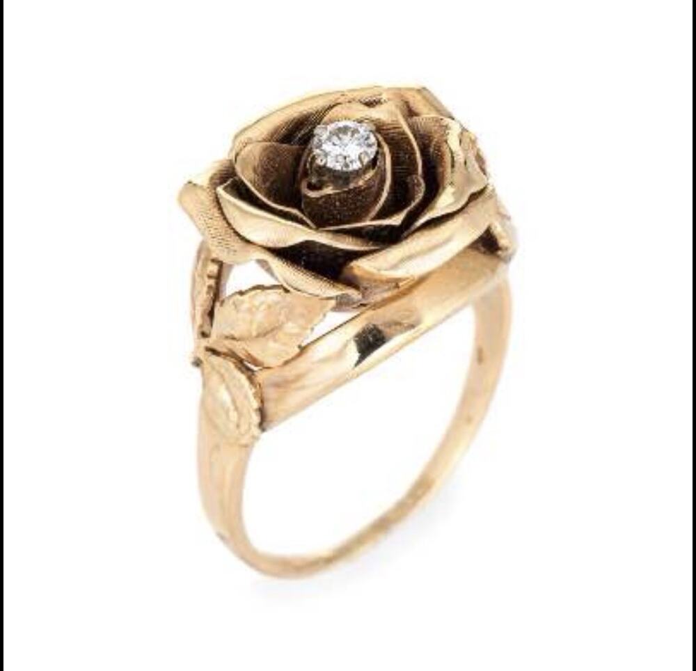 14K Yellow Gold Diamond Vintage Rose Statement Ring or Unique Engagement Ring